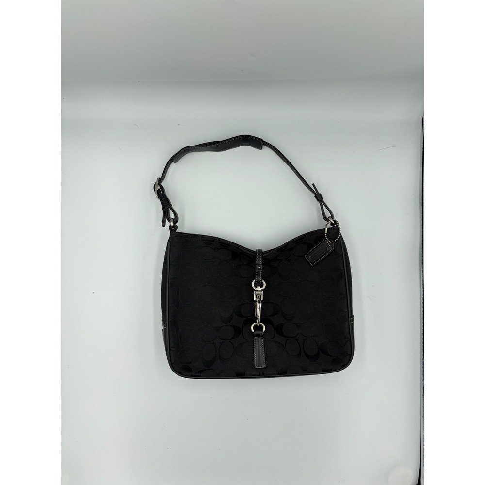 Coach Signature Jacquard Black Leather Trim Hobo Bag